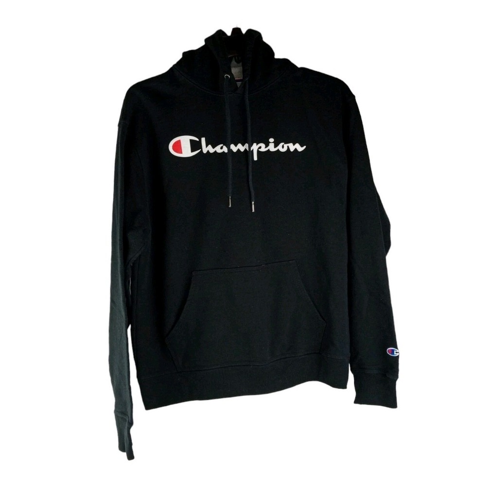 Champion Hoodie‎ Mens Medium Black Sweatshirt Pocket Pullover Embroidered GF89H